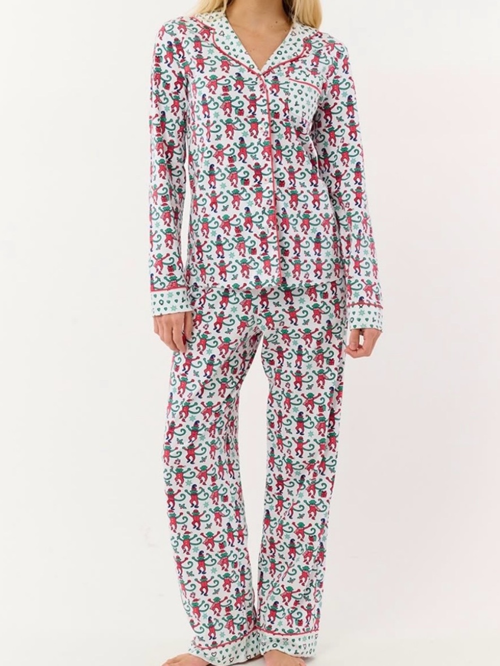 BNWT Roller Rabbit Monkey Mas Patchwork 2025 Christmas Long Sleeve Polo Pajamas